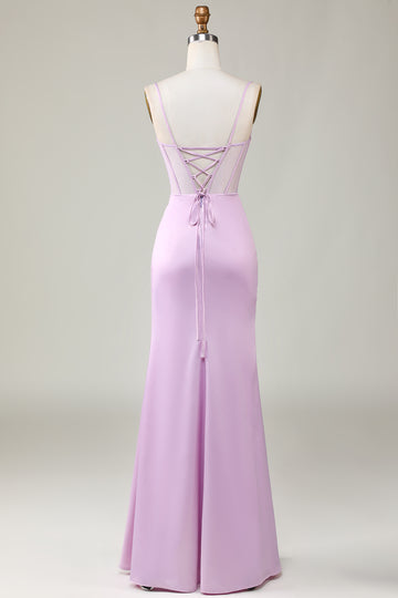 Mermaid Spaghetti Straps Lilac Long Bridesmaid Dress with Slit